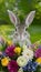 Playful Easter Bunny peeking out from behind a vibrant floral arrangement