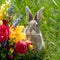 Playful Easter Bunny peeking out from behind a vibrant floral arrangement