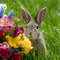 Playful Easter Bunny peeking out from behind a vibrant floral arrangement