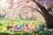 A playful Easter card concept with a group of colorful, cartoon-style Easter eggs having a picnic under a cherry blossom tree,