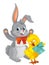 Playful easter rabbit and chicken having fun isolated illustration