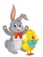 Playful easter rabbit and chicken having fun isolated illustration