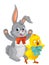 Playful easter rabbit and chicken having fun isolated illustration