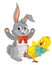 Playful easter rabbit and chicken having fun isolated illustration