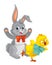 Playful easter rabbit and chicken having fun isolated illustration