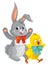 Playful easter rabbit and chicken having fun isolated illustration