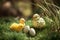 A playful Easter tradition: Hidden chicks and eggs in the grass for the egg hunt. Generative AI.