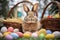The playful essence of Easter is captured in this charming scene with a bunny, symbolizing fertility and new life, among