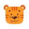 Playful face of a cartoon tiger. Kawaii illustration of a wild animal. Simple clipart for children's design