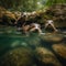 A Playful Family of Otters Enjoying a Clear Stream Amidst Lush Greenery