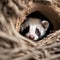 A playful ferret peeking out from a cozy burrow, with bright eyes full of curiosity4