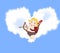 Playful funny cupid with arrows in the sky with clouds