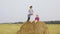 Playful girl and boy jumping on haystack at harvesting field in village. Happy teenagers jumping on haystack on