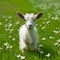 Playful goat kid enjoys springtime field filled with flowers