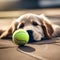 A playful golden retriever puppy with a tennis ball in its mouth, ready for a game of fetch2