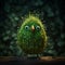 Playful Green Bird On Wooden Table: Surrealistic Cartoon Style With Realistic Lighting