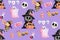 Playful halloween black cat with pumpkin and halloween ornaments illustration isolated on purple background