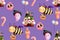Playful halloween cute gnome with bee and halloween ornaments illustration isolated on purple background