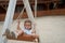 Playful kid swinging swing. Joyful little girl play having fun playground summertime