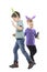 Playful kids with Easter bunny hats listening music dancing in circle and chasing each other.