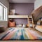 A playful kids room with bunk beds, a colorful rug, and whimsical wall art1