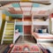 A playful kids room with bunk beds, a colorful rug, and whimsical wall art2