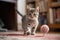 playful kitten chasing ball of yarn