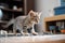 playful kitten chasing mouse toy around the kitchen