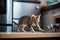 playful kitten chasing mouse toy around the kitchen