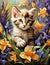 A playful kitten frolicking among irises, its paws delicately brushing the delicate petals, animal with flower, design