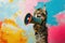 Playful kitten interacting with a colorful megaphone