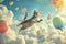 A playful kitten soaring amidst colorful balloons under a cloud-filled sky. AI Generated