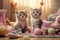 Playful kittens surrounded by Easterthemed toys
