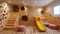 Playful Learning: Climbing Wall and Cozy Sofa in Wooden Indoor Play Area for Children at Preschool