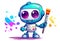 Playful little robot artist with a paintbrush standing full body isolated on white. Generative AI cartoon illustration