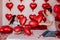 Playful moment between couple engaging in pillow balloons fight on bed, with red heart shaped