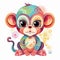 Playful monkey cub illustration. Monkey smiling on a white background. Cute baby monkey illustration with flowers. Monkey cub