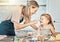 Playful mother in kitchen, baking with kid and cooking fun, learning and nutrition with happy woman. Cookies, mom and