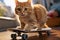 Playful orange tabby cat balances on a mini penny board