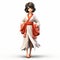 Playful Oriental Woman In Kimono - 3d Render Cartoon Character
