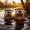 Playful Otters Sliding into Sunlit River at Golden Hour