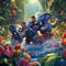 Playful Pachyderms - Elephants having a water fight in a colorful jungle oasis