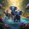 Playful Pachyderms - Elephants having a water fight in a colorful jungle oasis