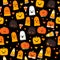 playful pattern showcasing candy corn in various arrangements, paired with smiling