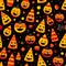 playful pattern showcasing candy corn in various arrangements, paired with smiling