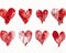 A playful pattern of sketched red and pink hearts of various styles and sizes on a white background