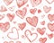 A playful pattern of sketched red and pink hearts of various styles and sizes on a white background