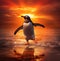 playful penguin.Penguin in action at sunset. AI generated