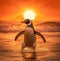 playful penguin.Penguin in action at sunset. AI generated