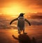 playful penguin.Penguin in action at sunset. AI generated